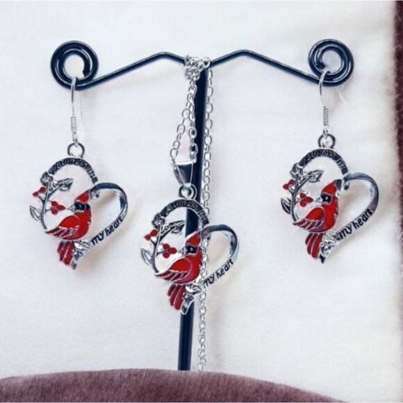 Red Cardinal Bird Silver Heart Dangle Earrings In Memory Pierced Ears Jewelry - Picture 5 of 6